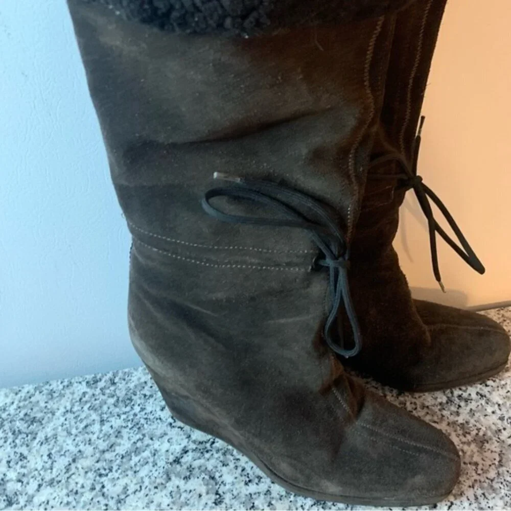 Prada Brown Suede Leather Shearling Knee High Wedge Boots 7